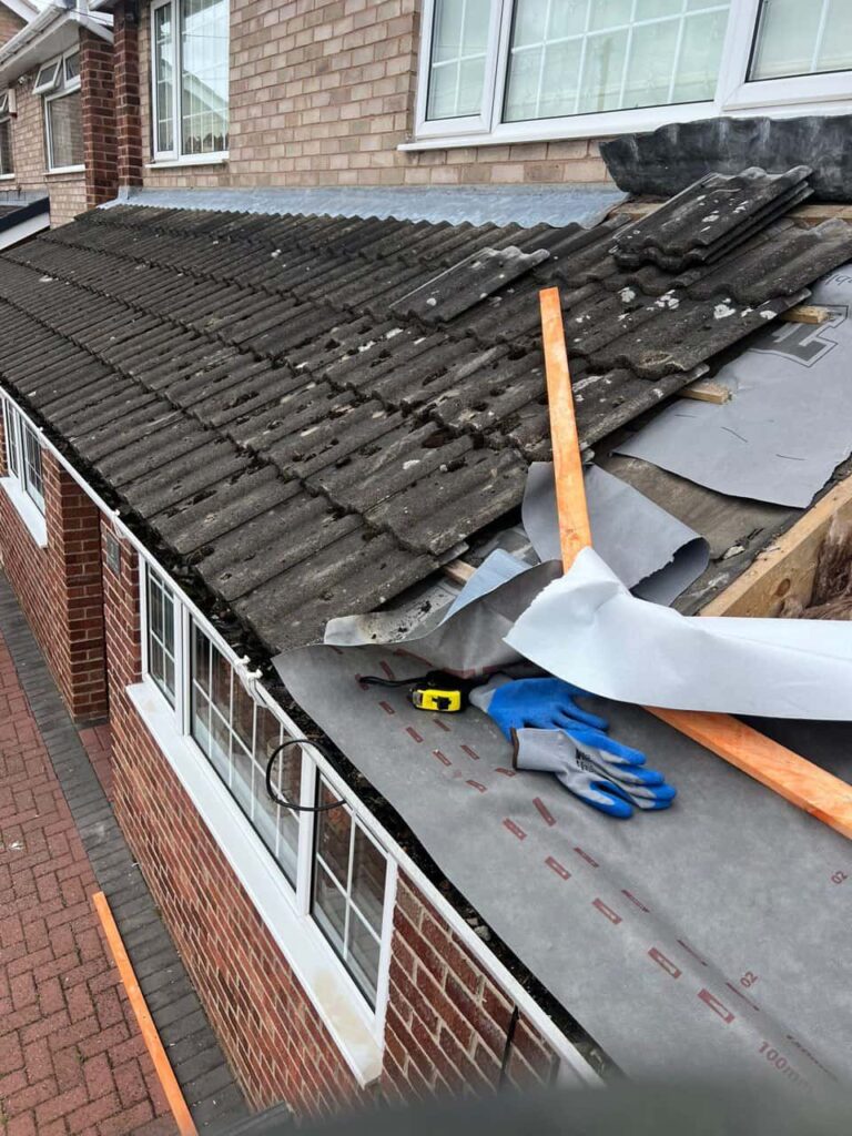 This is a photo of a pitched roof which is being repaired. The existing roof was leaking badly. Works carried out by Radcliffe on Trent Roofing Repairs